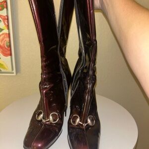 Gucci Women's Burgundy Patent Leather Horsebit Boots
